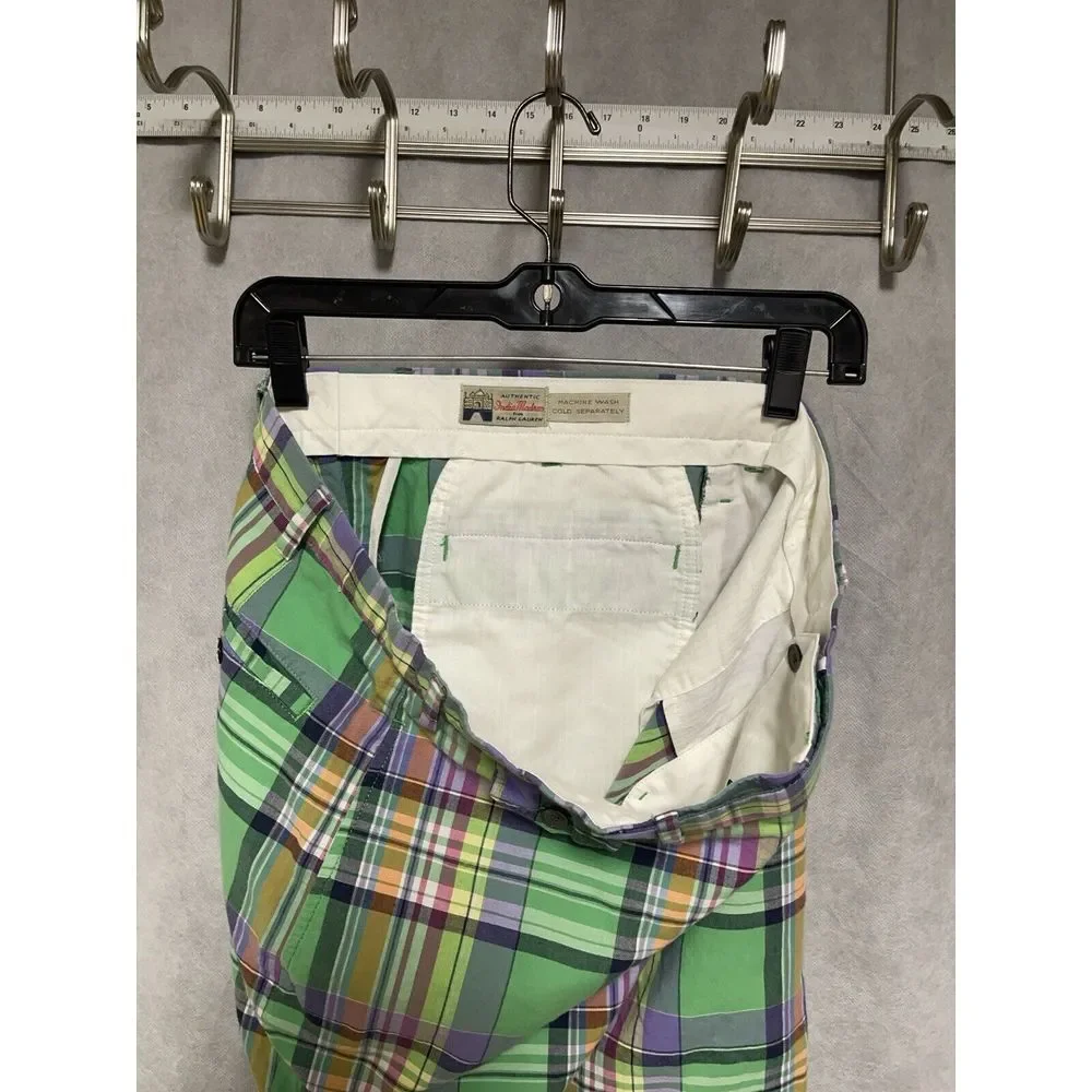 VTG Polo Ralph Lauren Shorts Men 35 Green Plaid India‎ Madras Flap Pocket Chino